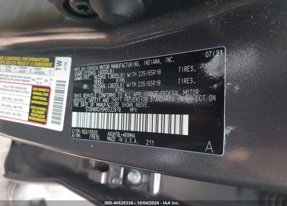 2021 TOYOTA HIGHLANDER HYBRID XLE VIN: 5TDHBRCH5MS532818