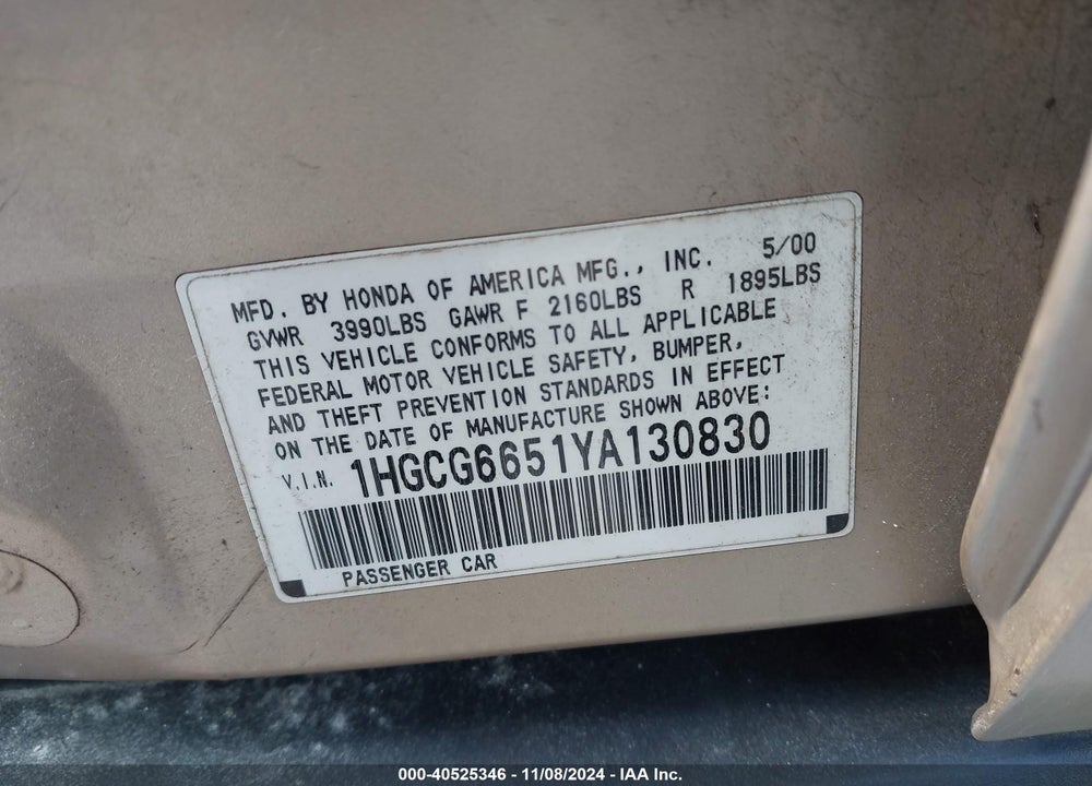 2000 HONDA ACCORD 2.3 LX VIN: 1HGCG6651YA130830
