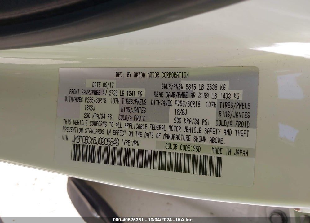 2018 MAZDA CX-9 TOURING VIN: JM3TCBCY6J0205848