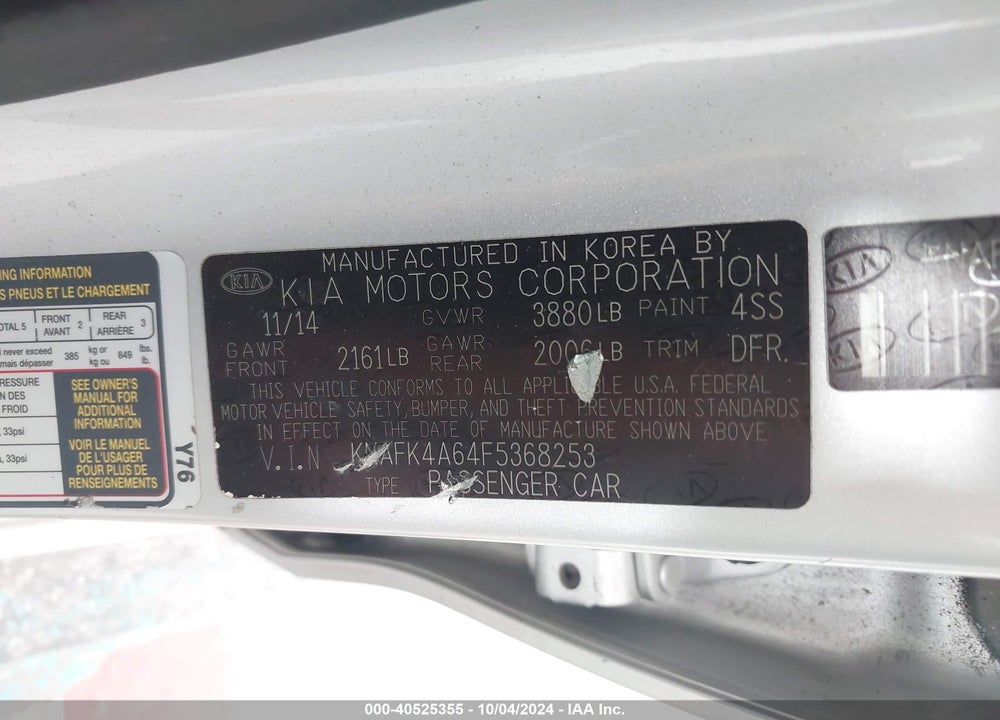 2015 KIA FORTE LX VIN: KNAFK4A64F5368253