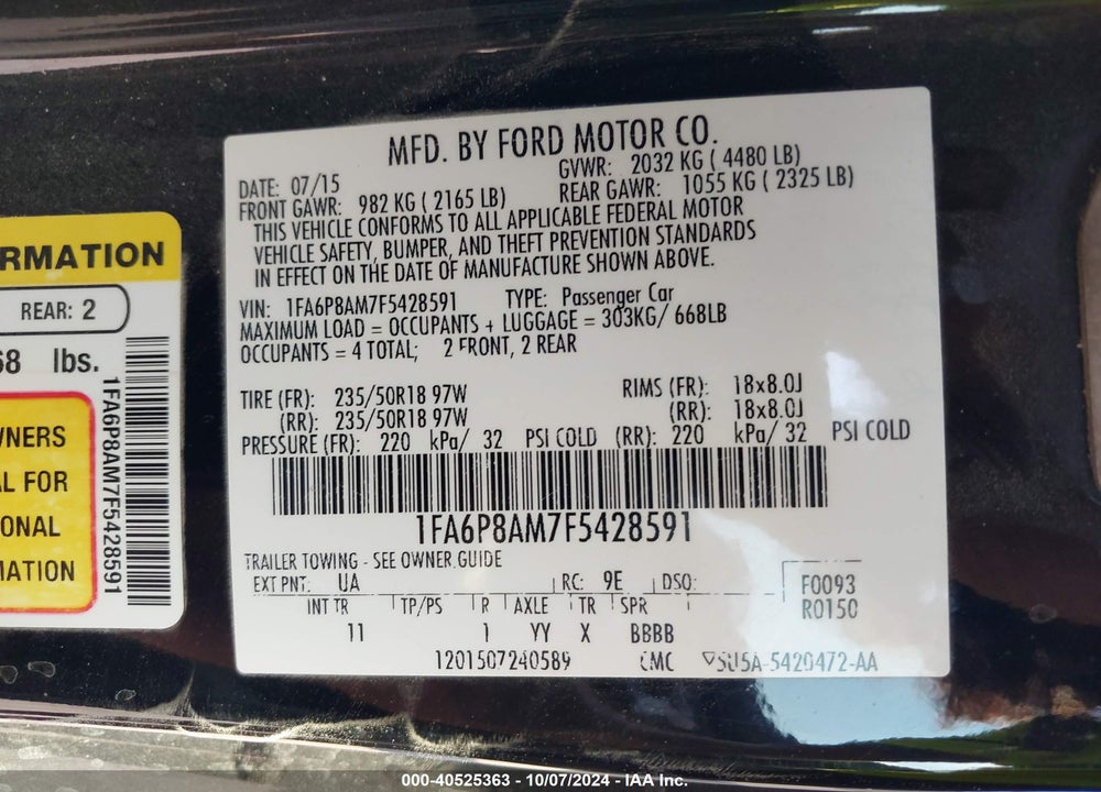 2015 FORD MUSTANG V6 VIN: 1FA6P8AM7F5428591