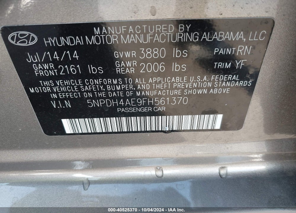 2015 HYUNDAI ELANTRA SE VIN: 5NPDH4AE9FH561370