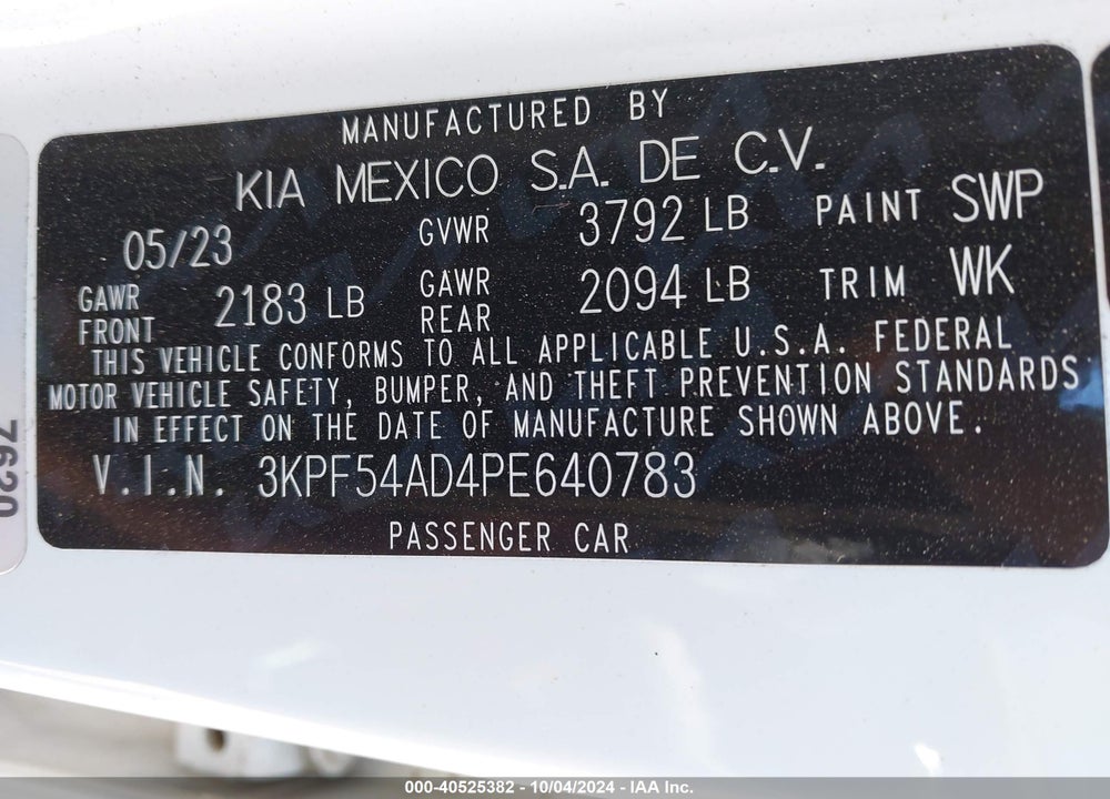 2023 KIA FORTE GT LINE VIN: 3KPF54AD4PE640783
