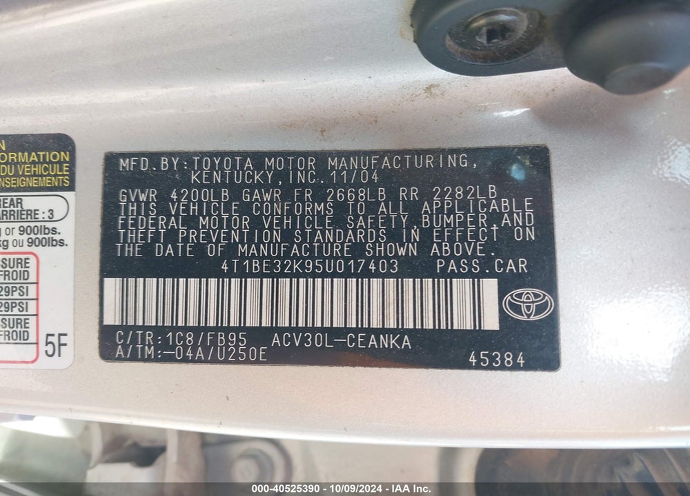 2005 TOYOTA CAMRY LE VIN: 4T1BE32K95U017403