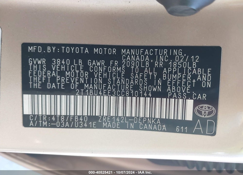 2012 TOYOTA COROLLA LE VIN: 2T1BU4EE3CC810144