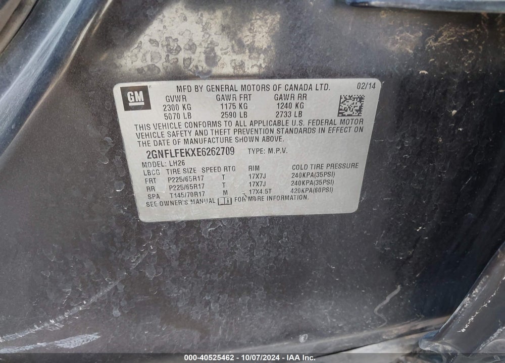 2014 CHEVROLET EQUINOX 1LT VIN: 2GNFLFEKXE6262709