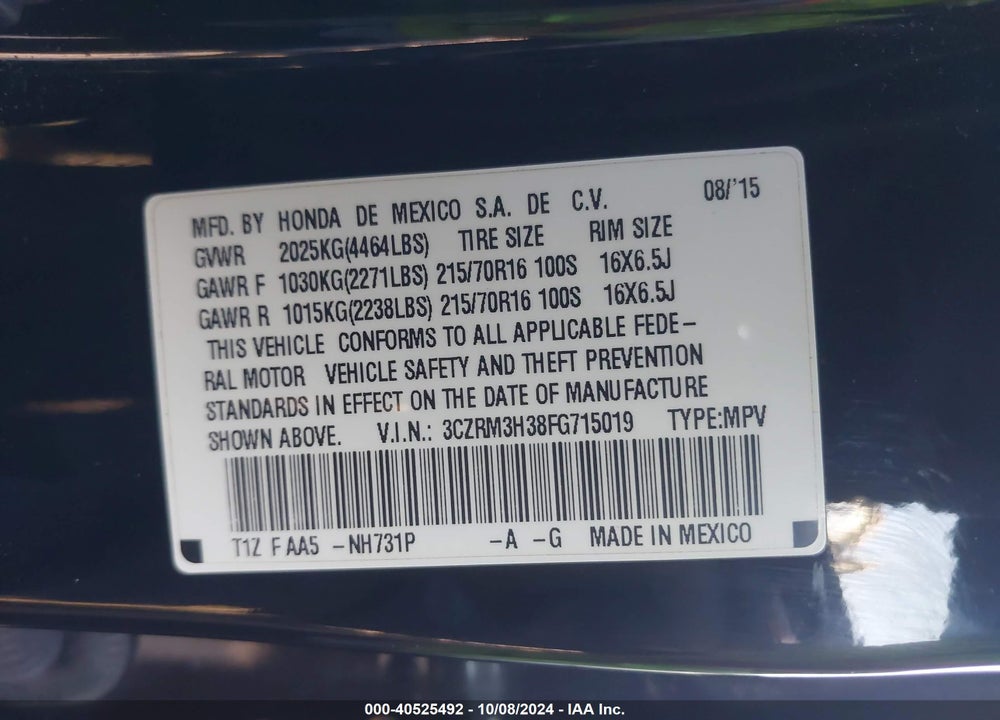 2015 HONDA CR-V LX VIN: 3CZRM3H38FG715019