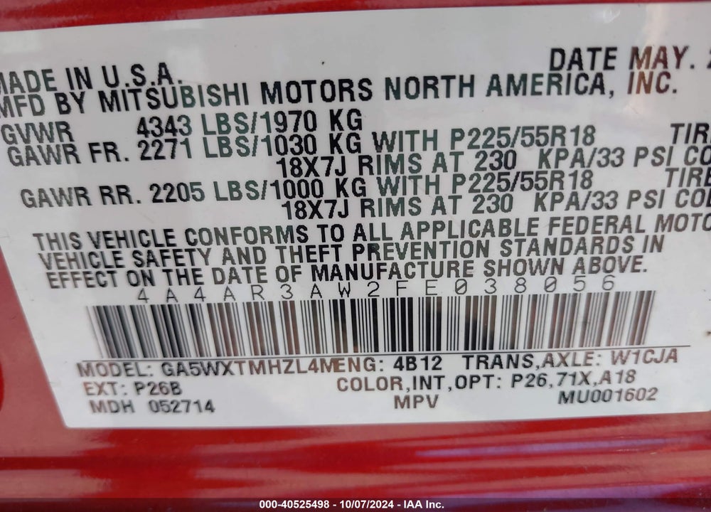 2015 MITSUBISHI OUTLANDER SPORT ES VIN: 4A4AR3AW2FE038056