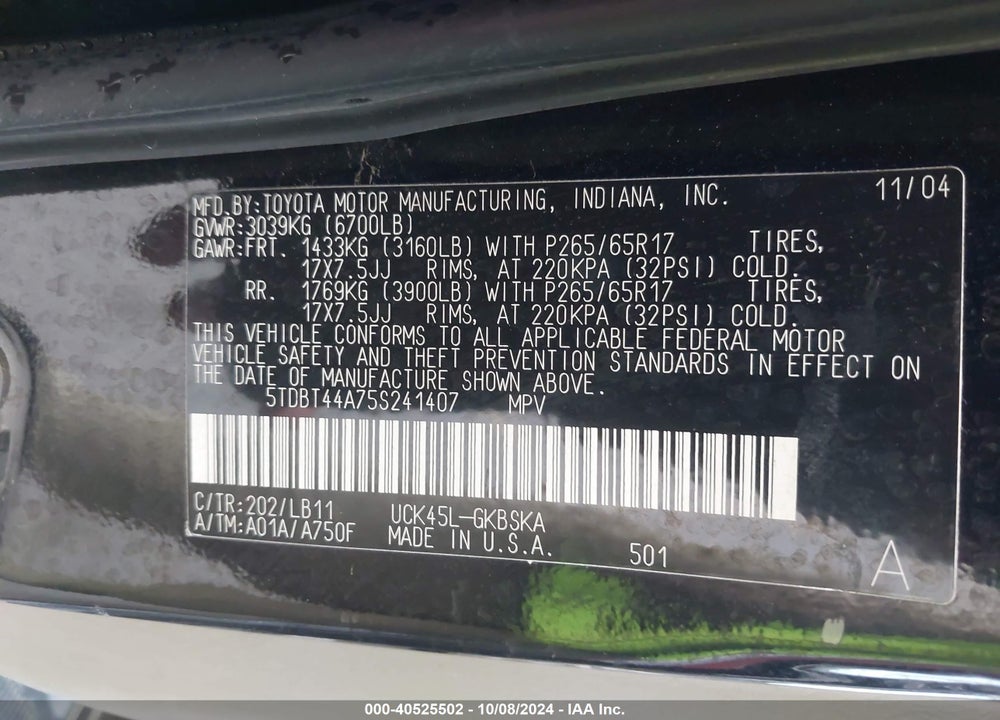 2005 TOYOTA SEQUOIA SR5 V8 VIN: 5TDBT44A75S241407