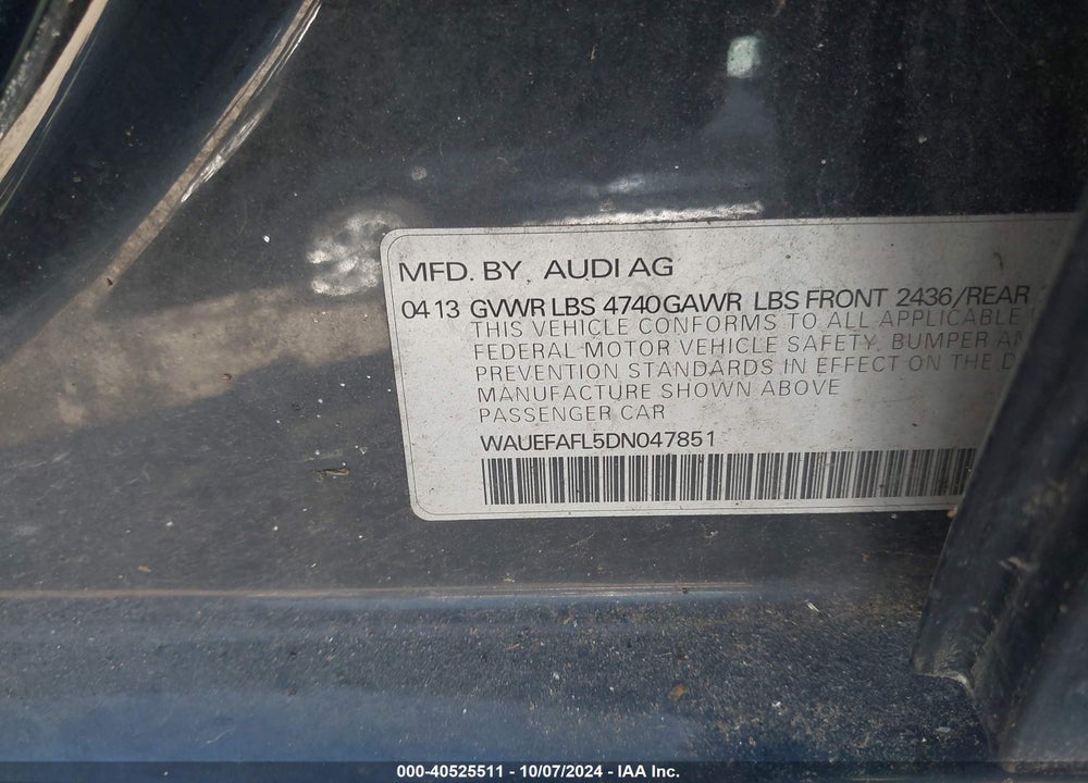 2013 AUDI A4 2.0T PREMIUM VIN: WAUEFAFL5DN047851