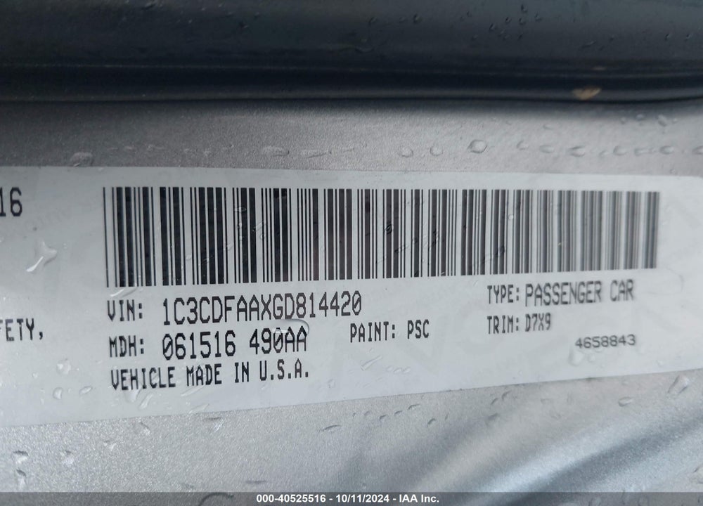 2016 DODGE DART SE VIN: 1C3CDFAAXGD814420