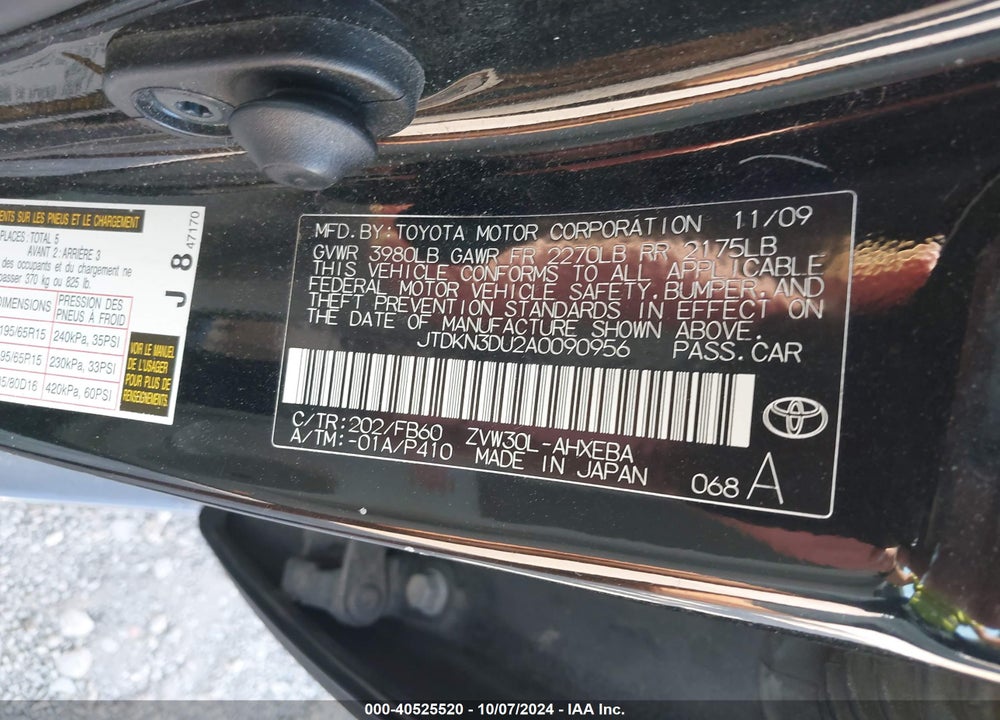 2010 TOYOTA PRIUS VIN: JTDKN3DU2A0090956