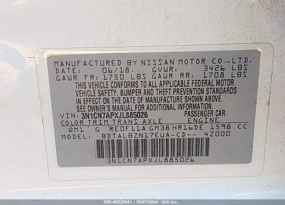 2018 NISSAN VERSA 1.6 SV VIN: 3N1CN7APXJL885026