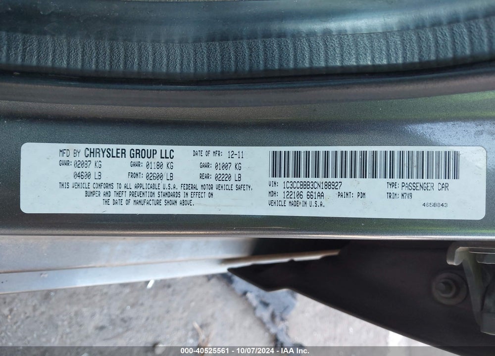 2012 CHRYSLER 200 TOURING VIN: 1C3CCBBB3CN188927
