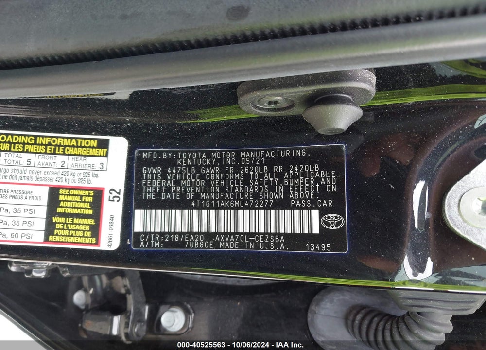 2021 TOYOTA CAMRY SE VIN: 4T1G11AK6MU472277