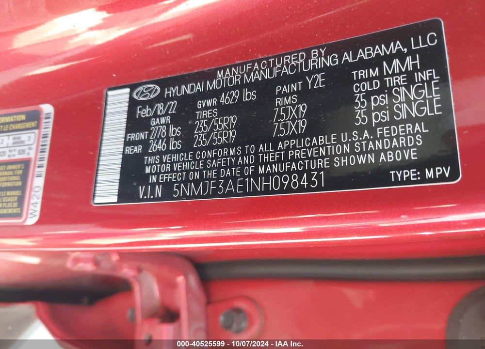 2022 HYUNDAI TUCSON SEL VIN: 5NMJF3AE1NH098431