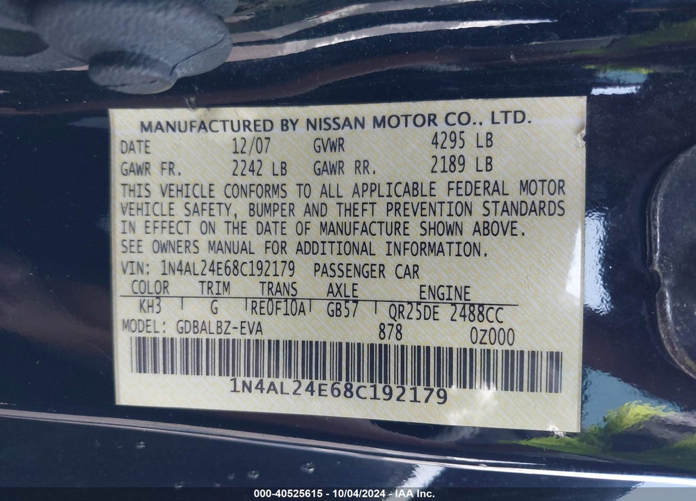 2008 NISSAN ALTIMA 2.5 S VIN: 1N4AL24E68C192179