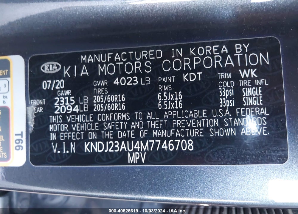 2021 KIA SOUL !/+/S VIN: KNDJ23AU4M7746708