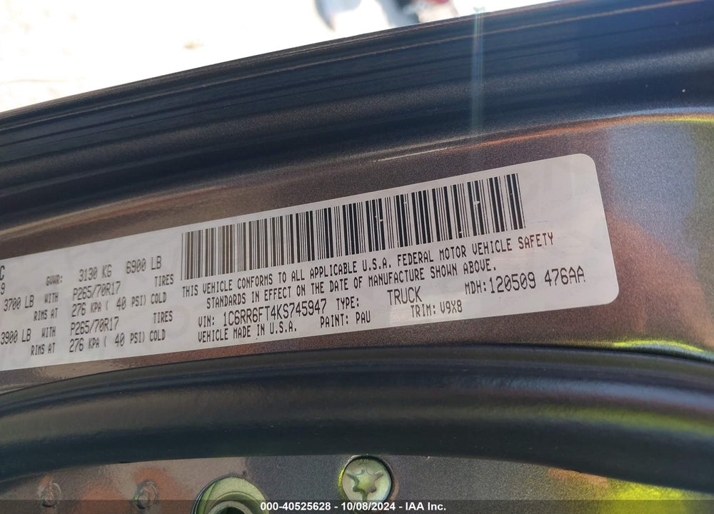 2019 RAM 1500 CLASSIC TRADESMAN 4X2 6'4 BOX VIN: 1C6RR6FT4KS745947