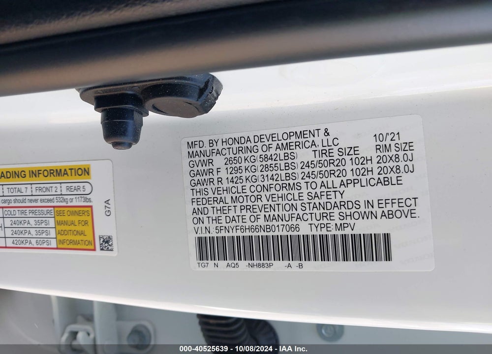2022 HONDA PILOT AWD TOURING 7 PASSENGER VIN: 5FNYF6H66NB017066