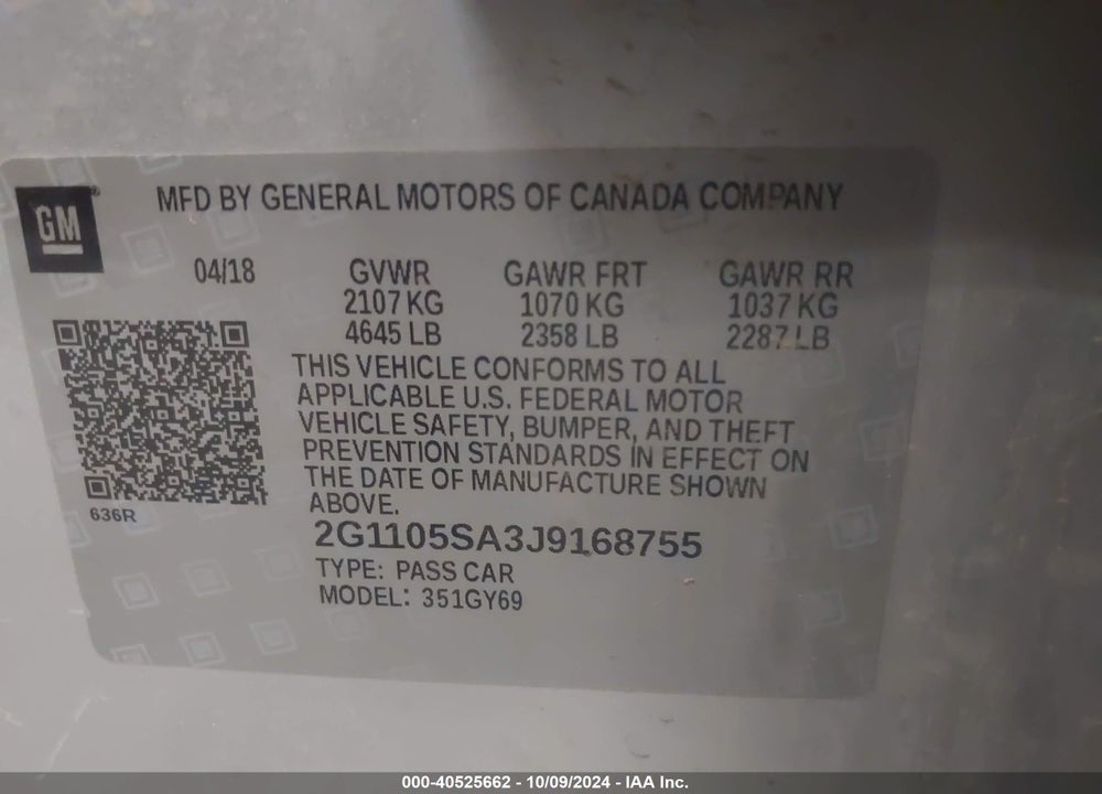 2018 CHEVROLET IMPALA 1LT VIN: 2G1105SA3J9168755