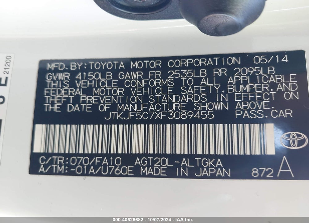 2015 SCION TC VIN: JTKJF5C7XF3089455