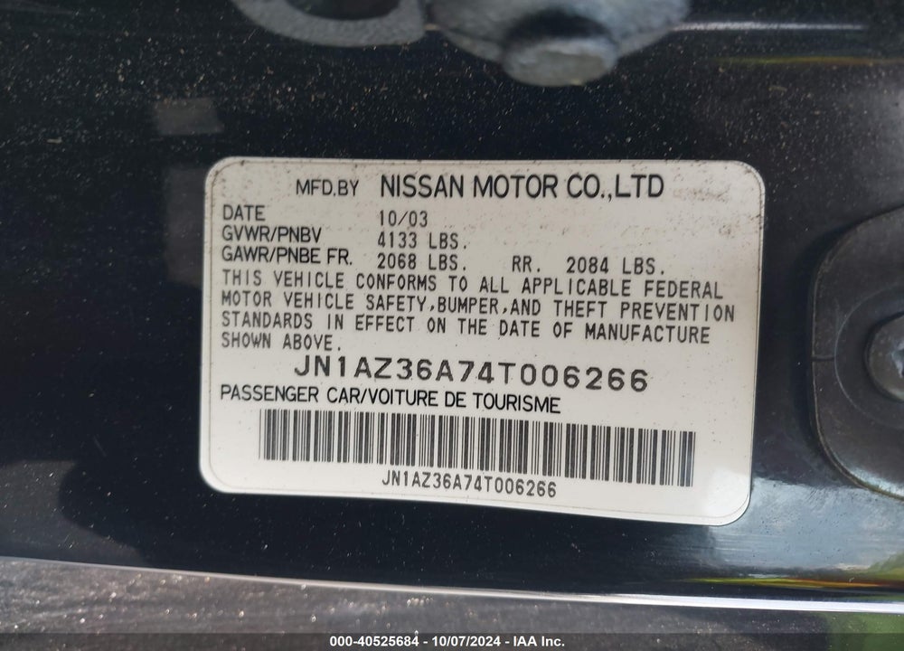 2004 NISSAN 350Z TOURING VIN: JN1AZ36A74T006266