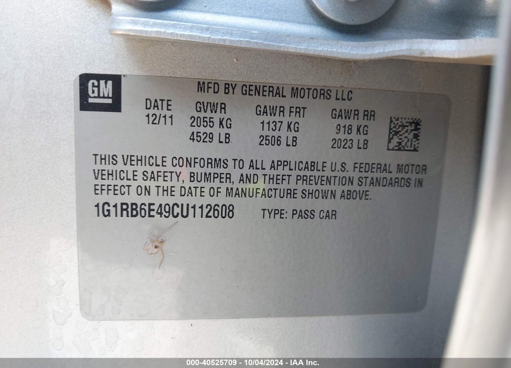 2012 CHEVROLET VOLT VIN: 1G1RB6E49CU112608