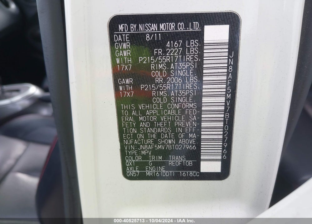 2011 NISSAN JUKE SL VIN: JN8AF5MV7BT027966