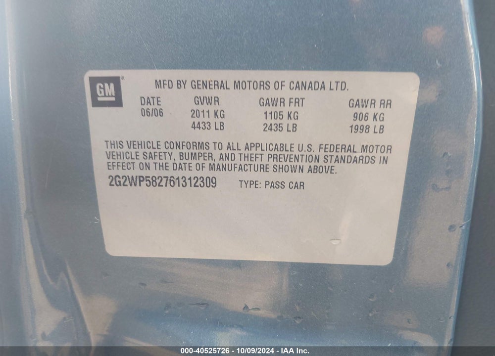 2006 PONTIAC GRAND PRIX VIN: 2G2WP582761312309
