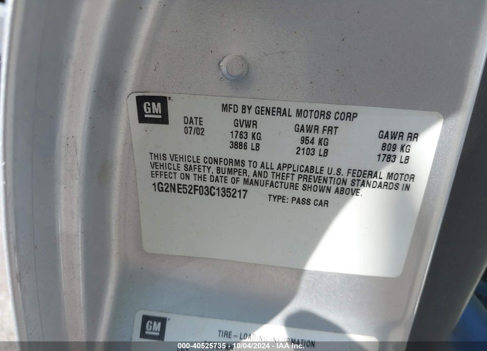 2003 PONTIAC GRAND AM SE VIN: 1G2NE52F03C135217