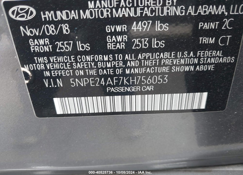 2019 HYUNDAI SONATA SE VIN: 5NPE24AF7KH756053