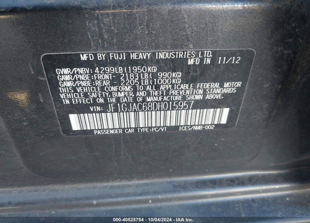 2013 SUBARU IMPREZA 2.0I PREMIUM VIN: JF1GJAC68DH015957