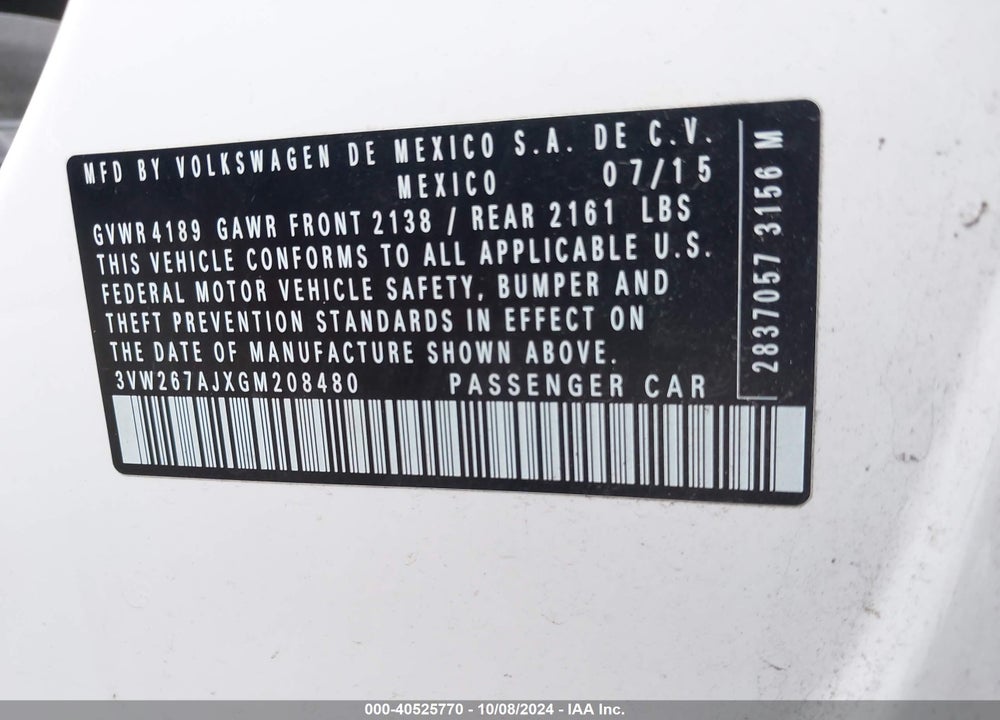 2016 VOLKSWAGEN JETTA 1.4T S VIN: 3VW267AJXGM208480