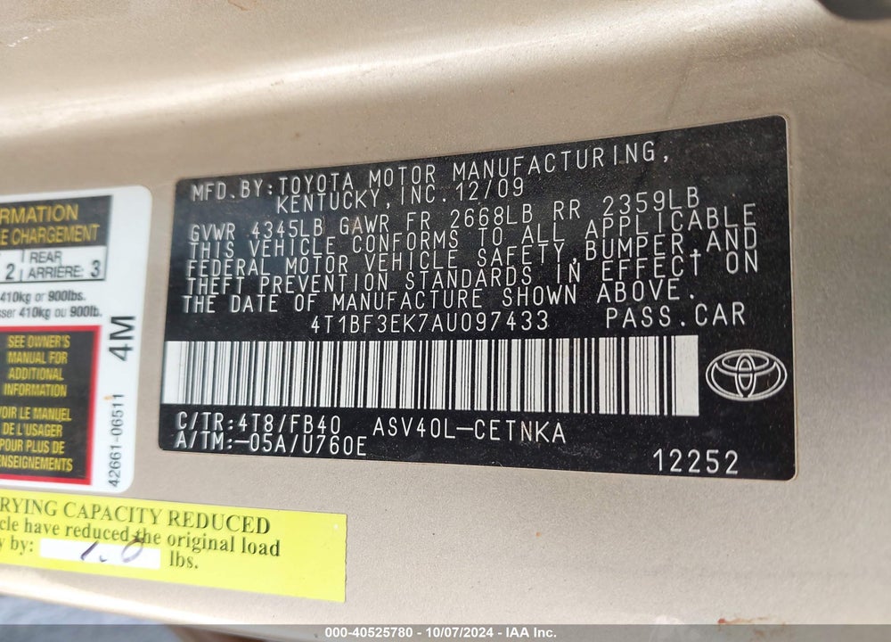 2010 TOYOTA CAMRY VIN: 4T1BF3EK7AU097433