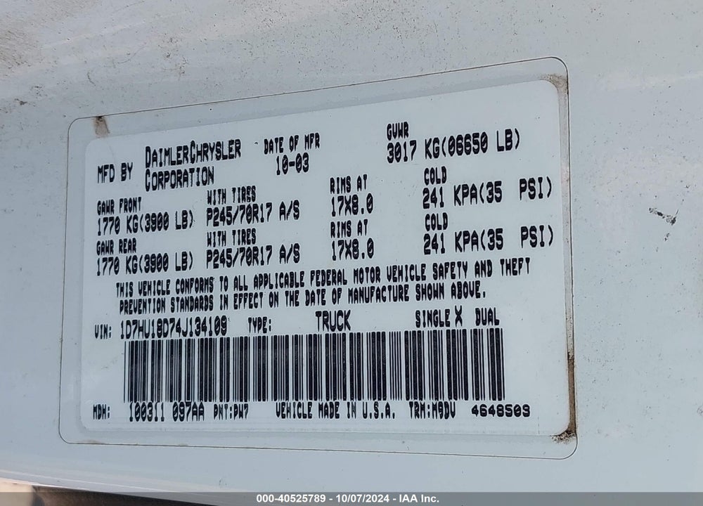 2004 DODGE RAM 1500 SLT/LARAMIE VIN: 1D7HU18D74J134109
