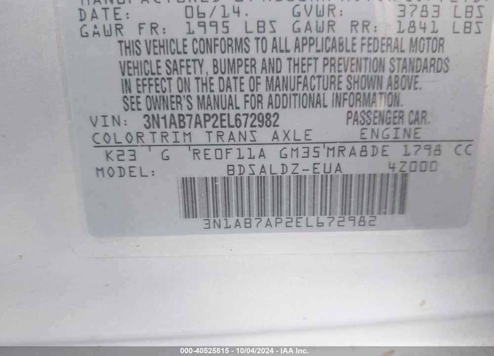 2014 NISSAN SENTRA FE+ S/FE+ SV/S/SL/SR/SV VIN: 3N1AB7AP2EL672982