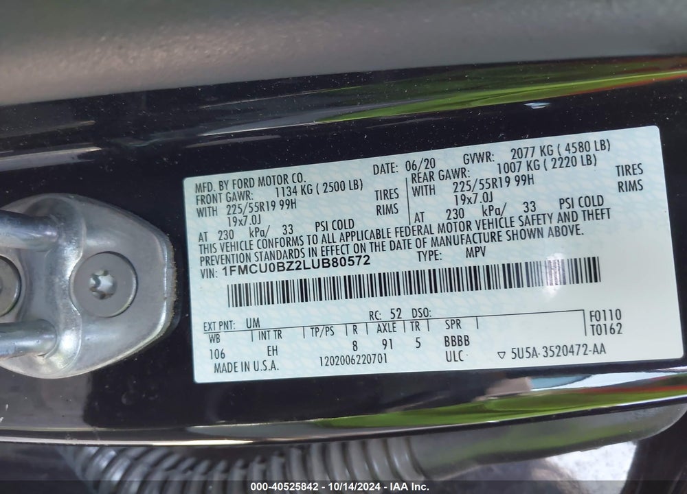 2020 FORD ESCAPE SE SPORT HYBRID VIN: 1FMCU0BZ2LUB80572