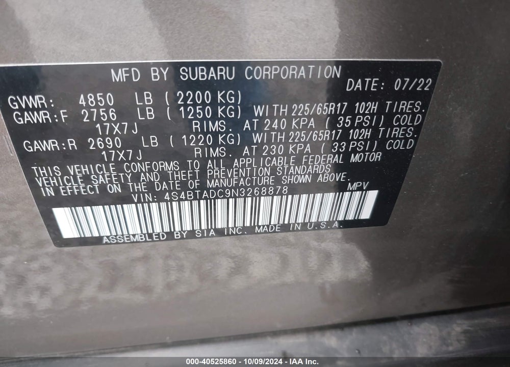 2022 SUBARU OUTBACK PREMIUM VIN: 4S4BTADC9N3268878