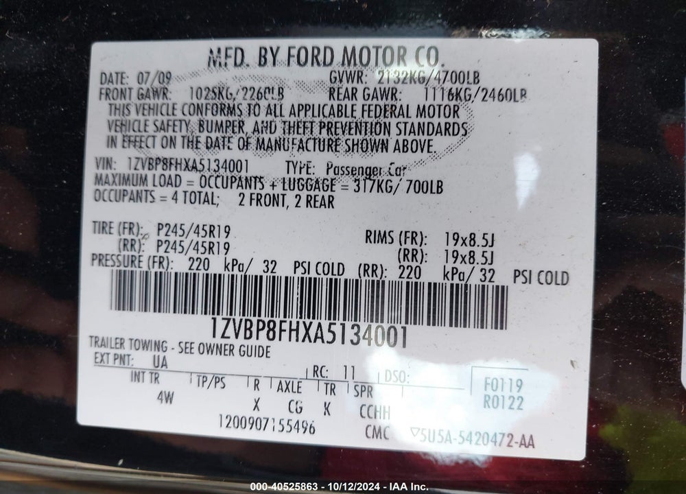 2010 FORD MUSTANG VIN: 1ZVBP8FHXA5134001