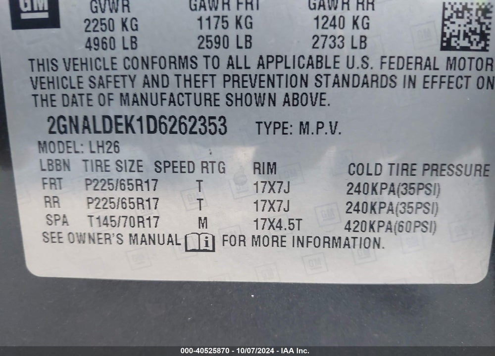 2013 CHEVROLET EQUINOX 1LT VIN: 2GNALDEK1D6262353