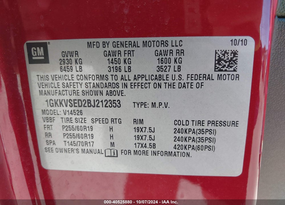 2011 GMC ACADIA SLT-2 VIN: 1GKKVSED2BJ212353