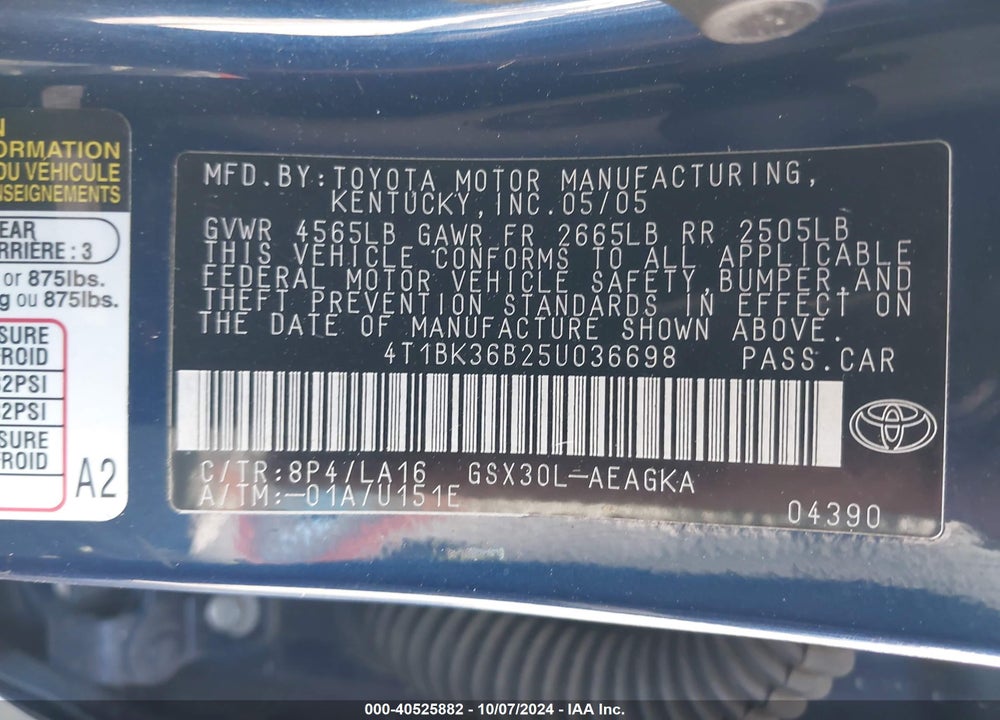 2005 TOYOTA AVALON XLS VIN: 4T1BK36B25U036698