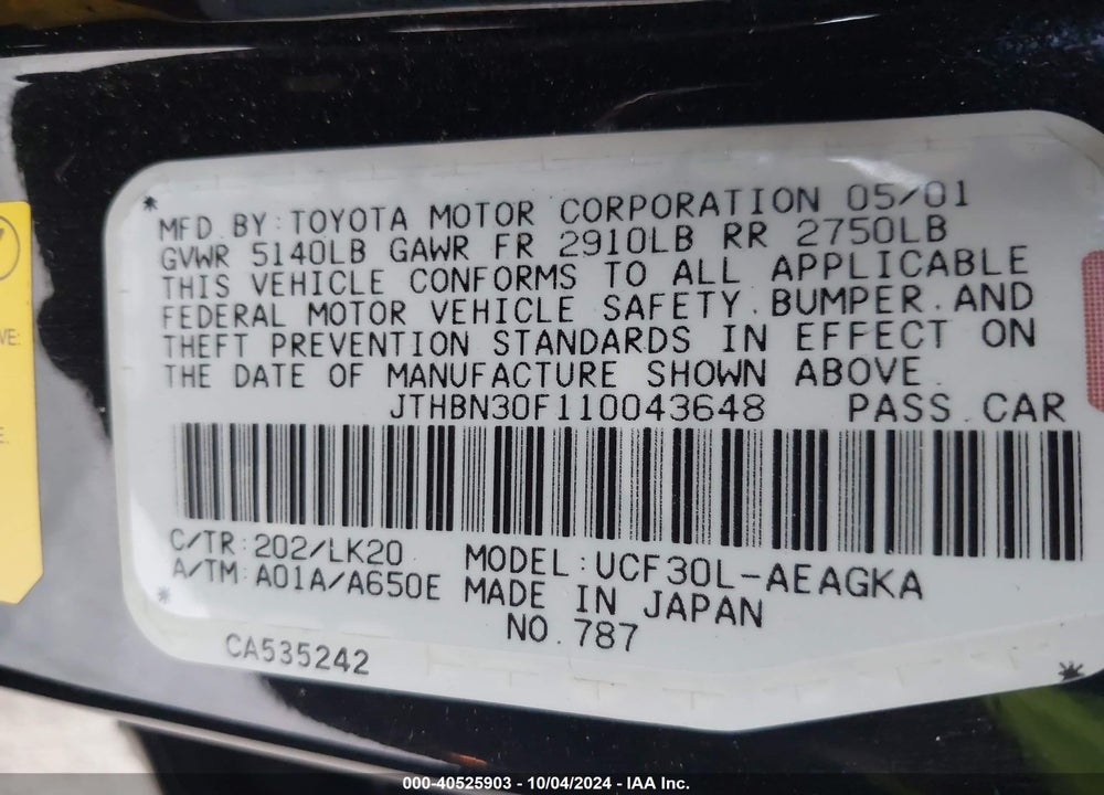 2001 LEXUS LS 430 VIN: JTHBN30F110043648