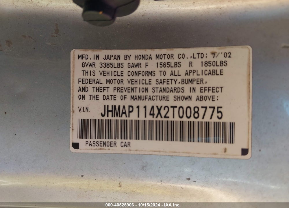 2002 HONDA S2000 VIN: JHMAP114X2T008775