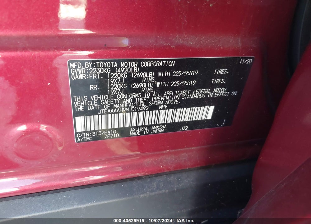 2021 TOYOTA VENZA LIMITED VIN: JTEAAAAH9MJ019492