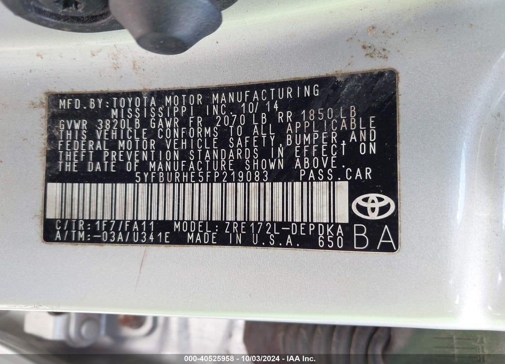 2015 TOYOTA COROLLA L VIN: 5YFBURHE5FP219083