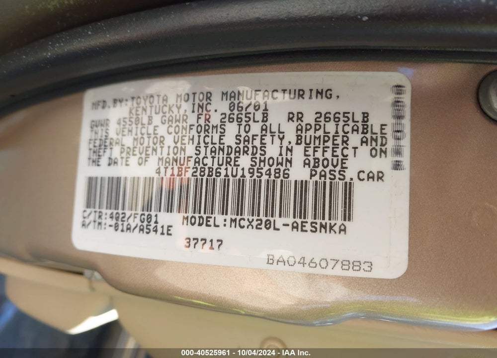 2001 TOYOTA AVALON XL VIN: 4T1BF28B61U195486