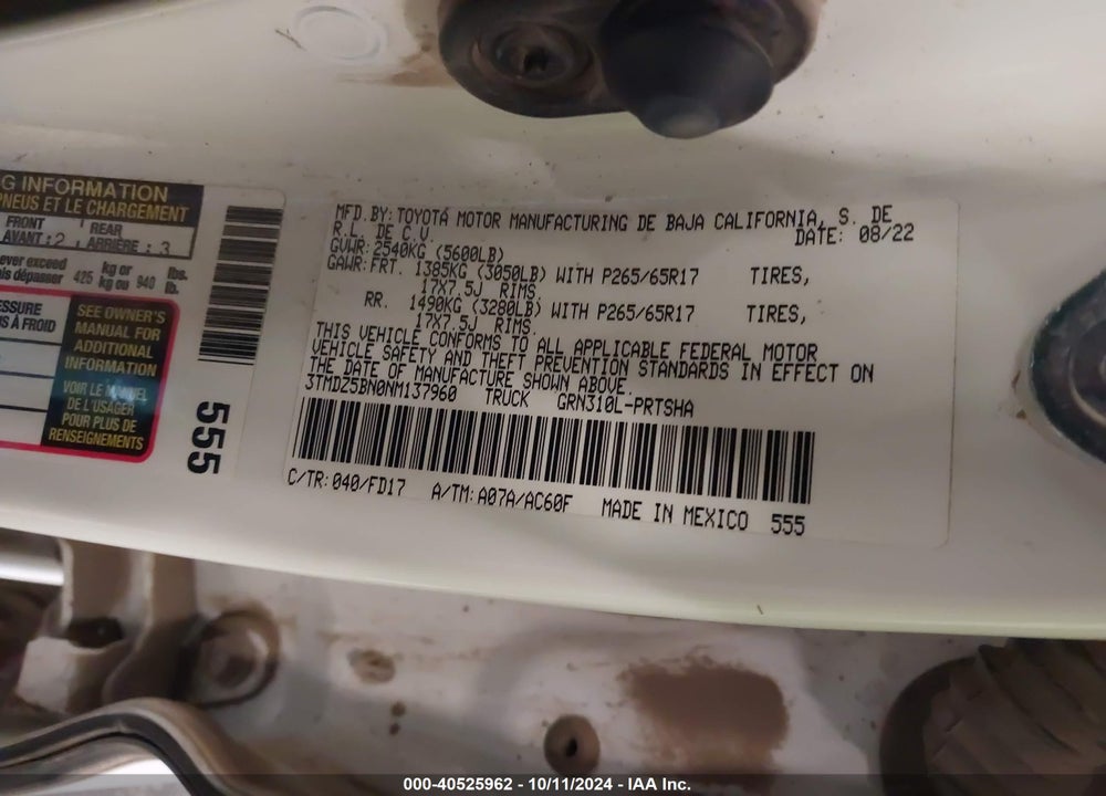2022 TOYOTA TACOMA VIN: 3TMDZ5BN0NM137960