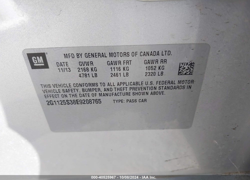 2014 CHEVROLET IMPALA 2LT VIN: 2G1125S38E9208765